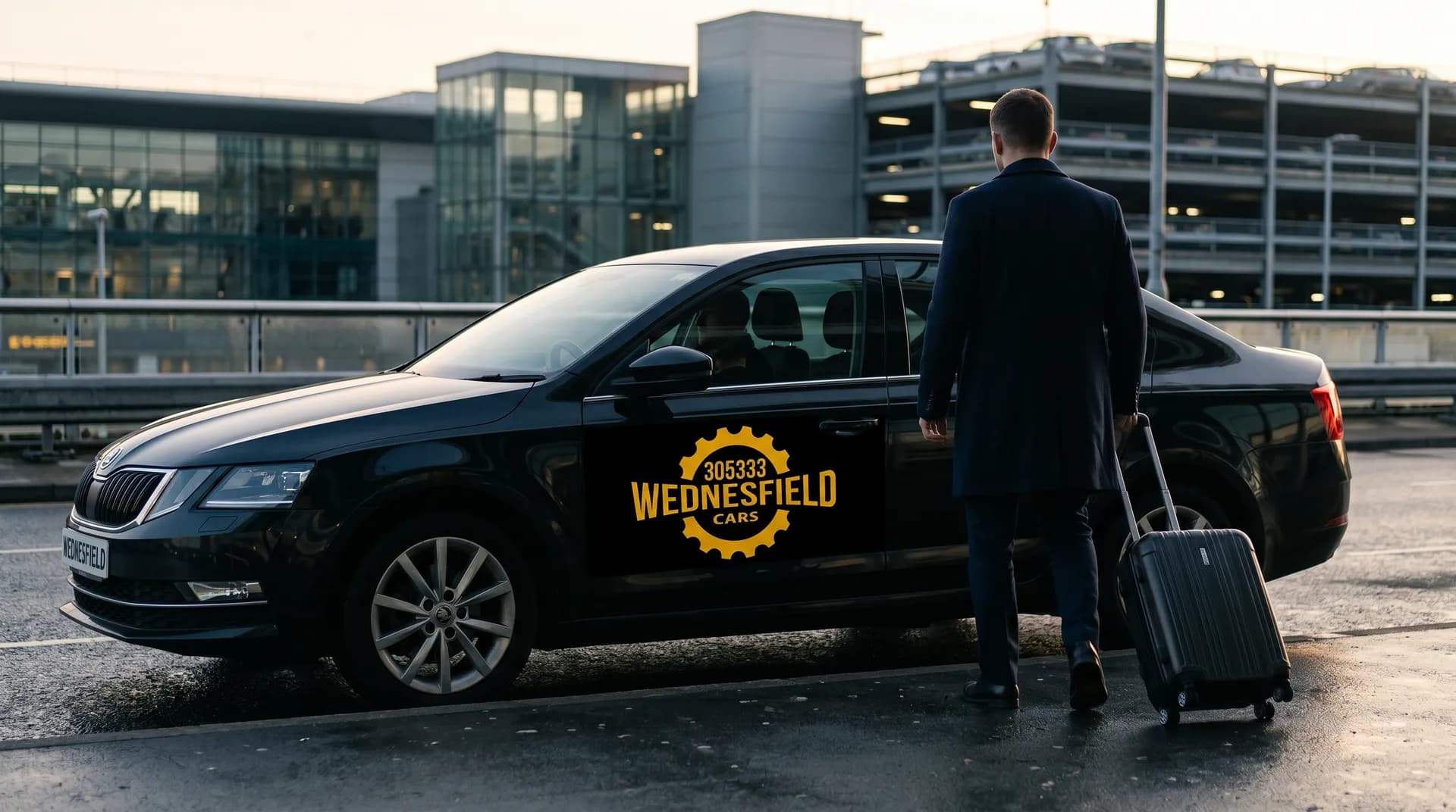 A passenger with luggage meeting a Wednesfield Cars driver for a station transfer