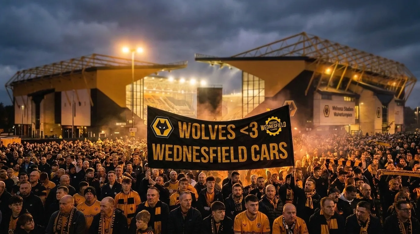 Wolves fans heading into Molineux on matchday, past the Wednesfield Cars banner